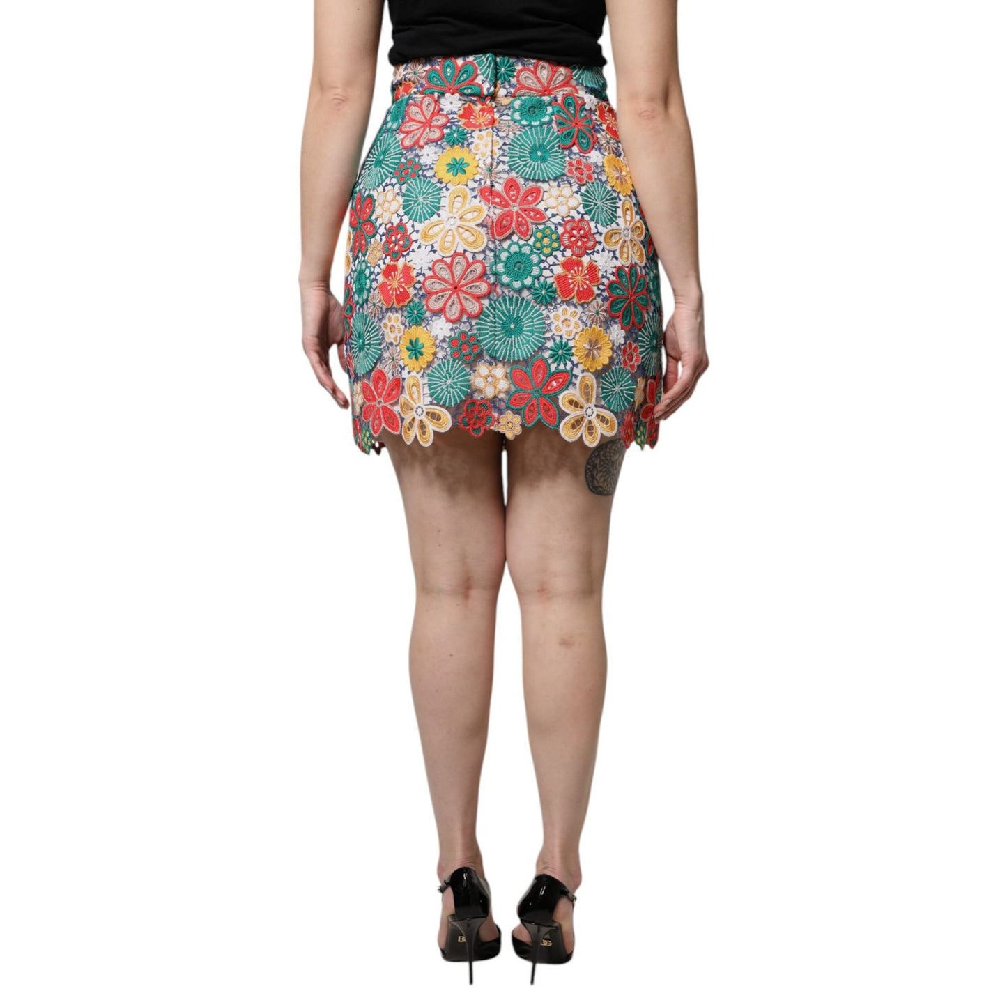 Dolce & Gabbana Multicolor Floral Lace High Waist Mini Skirt