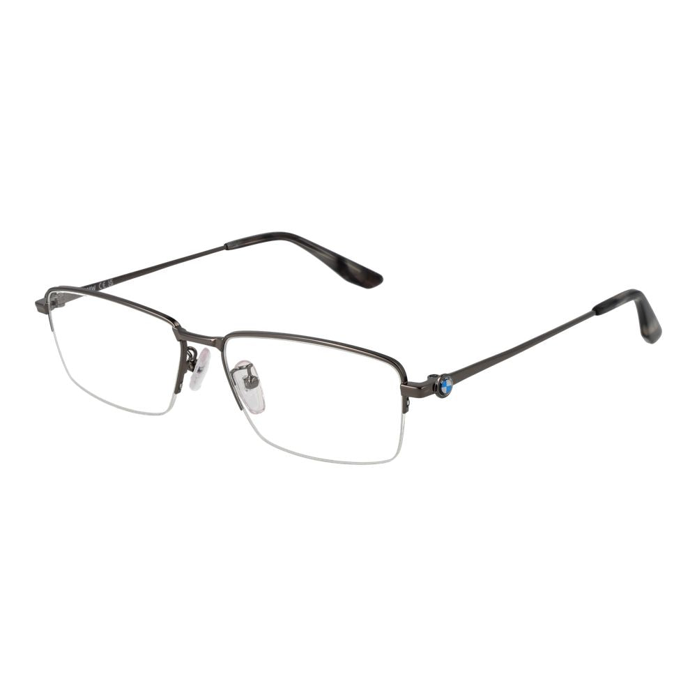 Alt Tag: BMW Silver Men Glasses Frame, half-rim rectangular metal design with demo lenses, silver color, stylish eyewear for men.