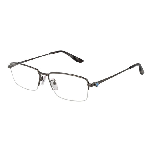 Alt Tag: BMW Silver Men Glasses Frame, half-rim rectangular metal design with demo lenses, silver color, stylish eyewear for men.