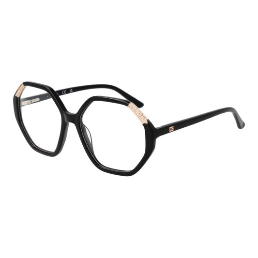 Guess Black Women Glasses Frame in acetate, full-rim rectangle style with demo lenses, size 53-16-140, includes branded case.