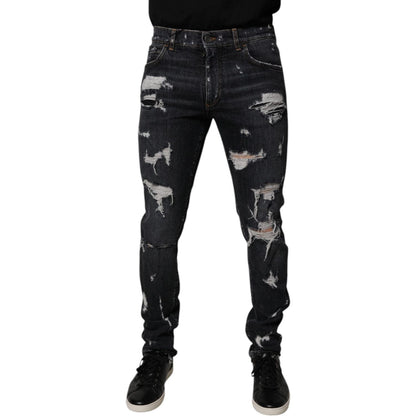 Dolce & Gabbana Black Tattered Cotton Skinny Men Denim Jeans
