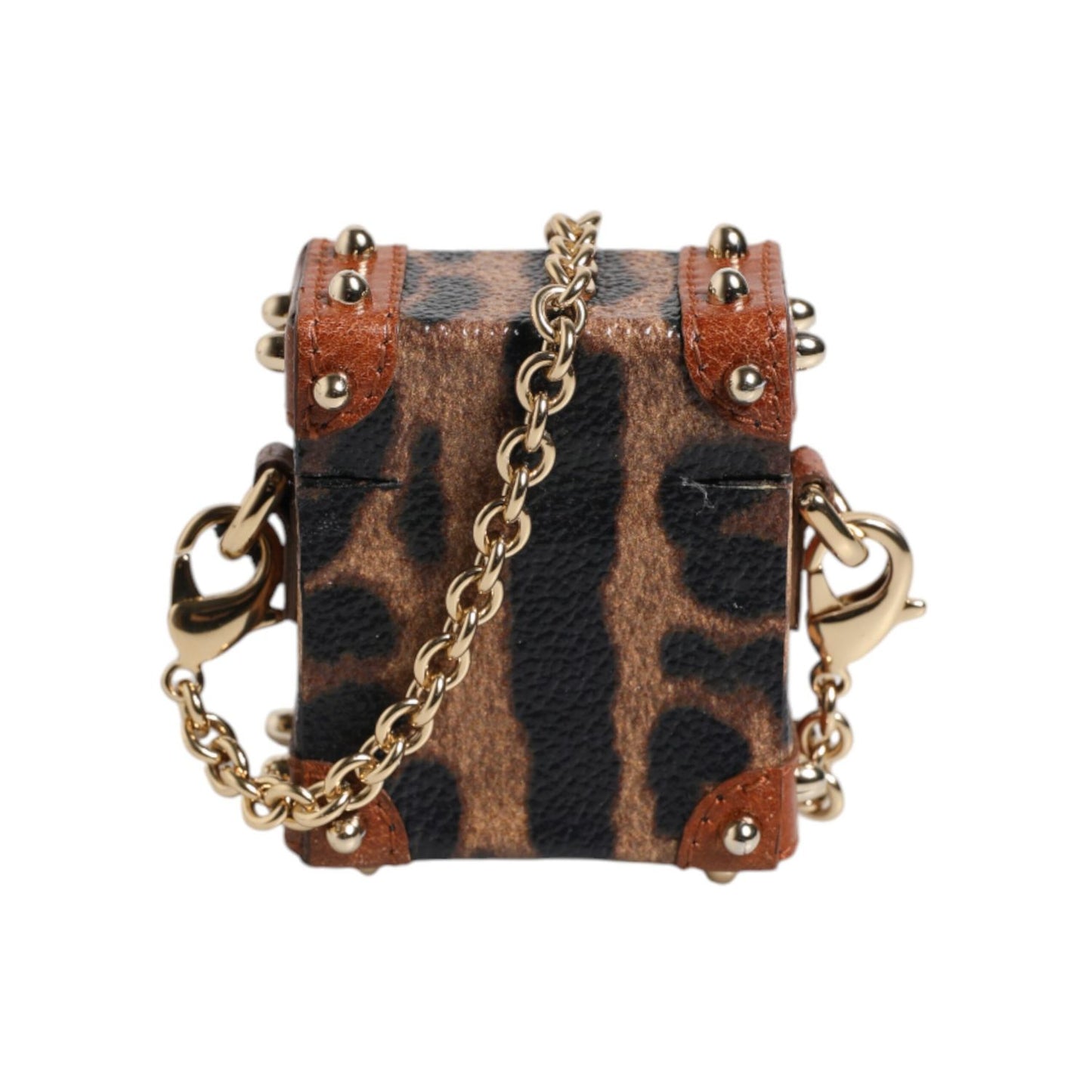 Dolce & Gabbana Brown Leopard Metal Logo Plaque Gold Chain Airpods Case