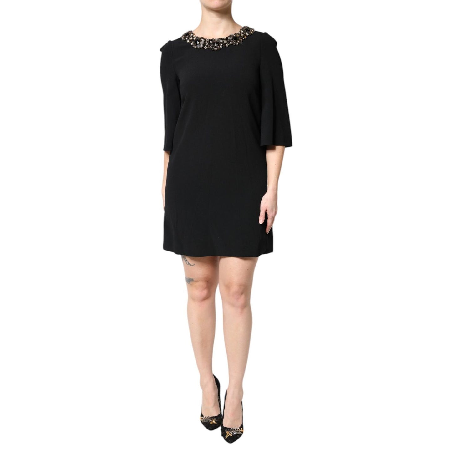 Dolce & Gabbana Black Crystal Embellished Round Neck Mini Dress