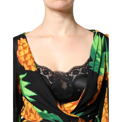 Dolce & Gabbana Black Silk Pineapple Draped Print Wrap Dress