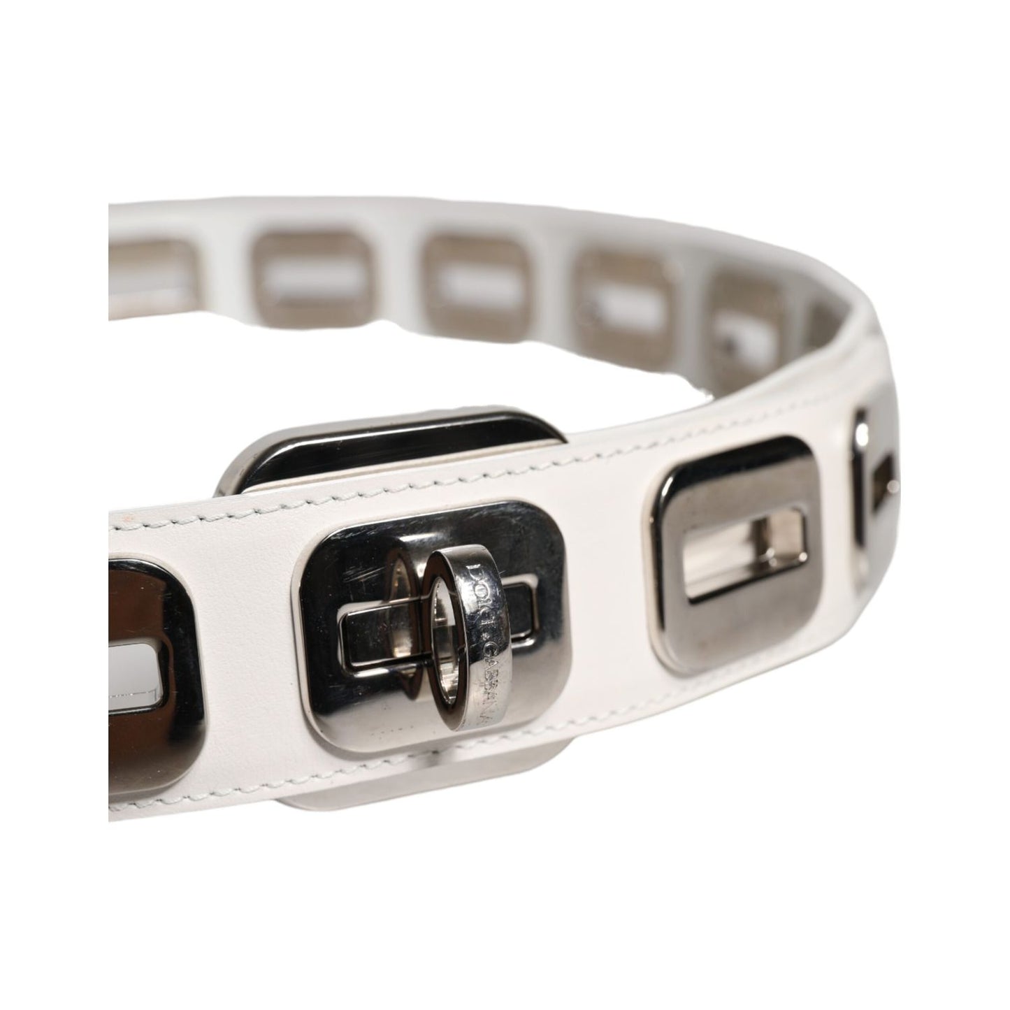 Dolce & Gabbana White Leather Gold Tone Rotating Buckle Belt