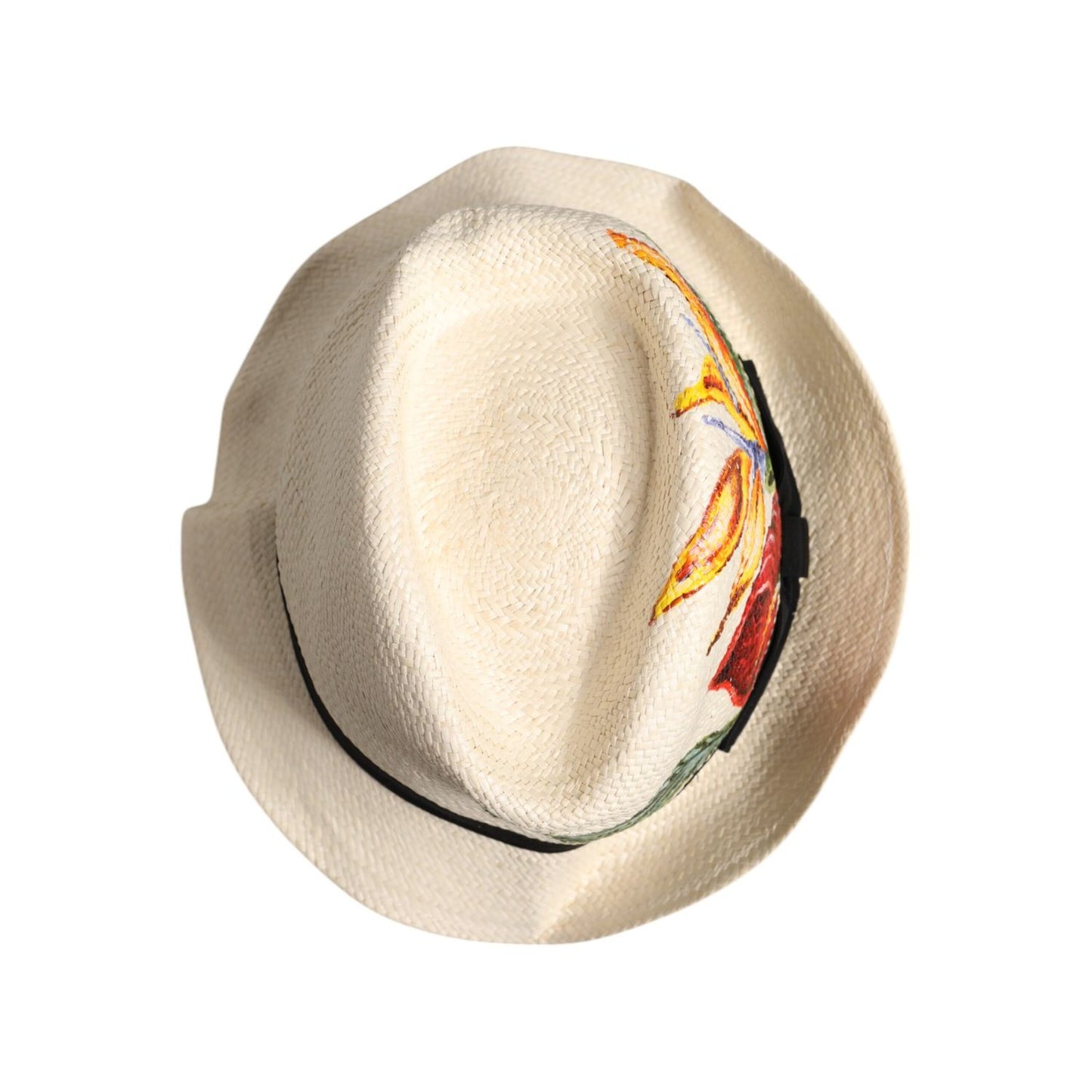 Dolce & Gabbana Beige Floral Print Straw Wide Brim Fedora Hat