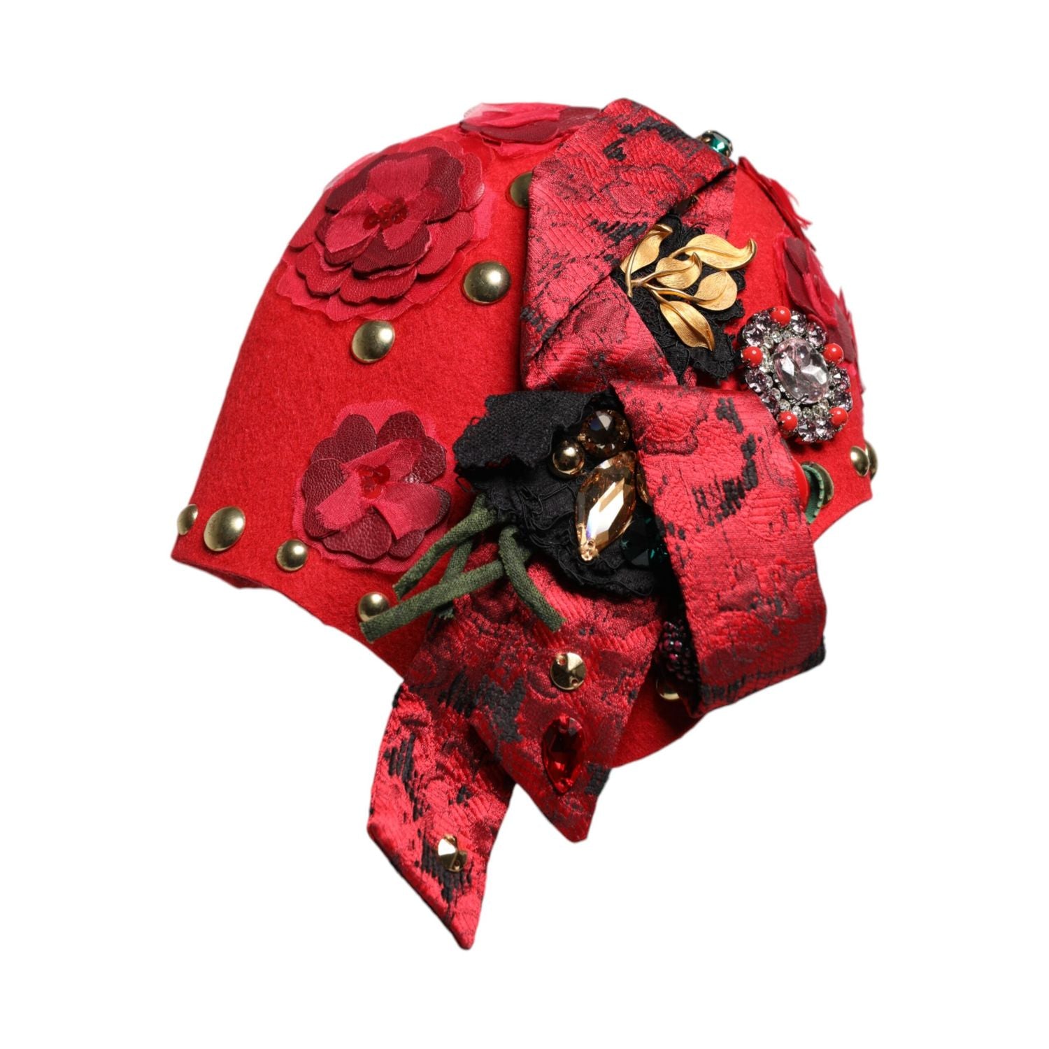 Dolce & Gabbana Red Crystal Gold Roses Brooch Embellished Hat