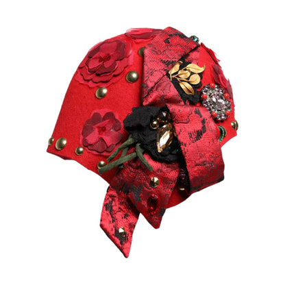 Dolce & Gabbana Red Crystal Gold Roses Brooch Embellished Hat