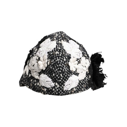 Dolce & Gabbana Black Wool White Floral Embellished Cloche Hat