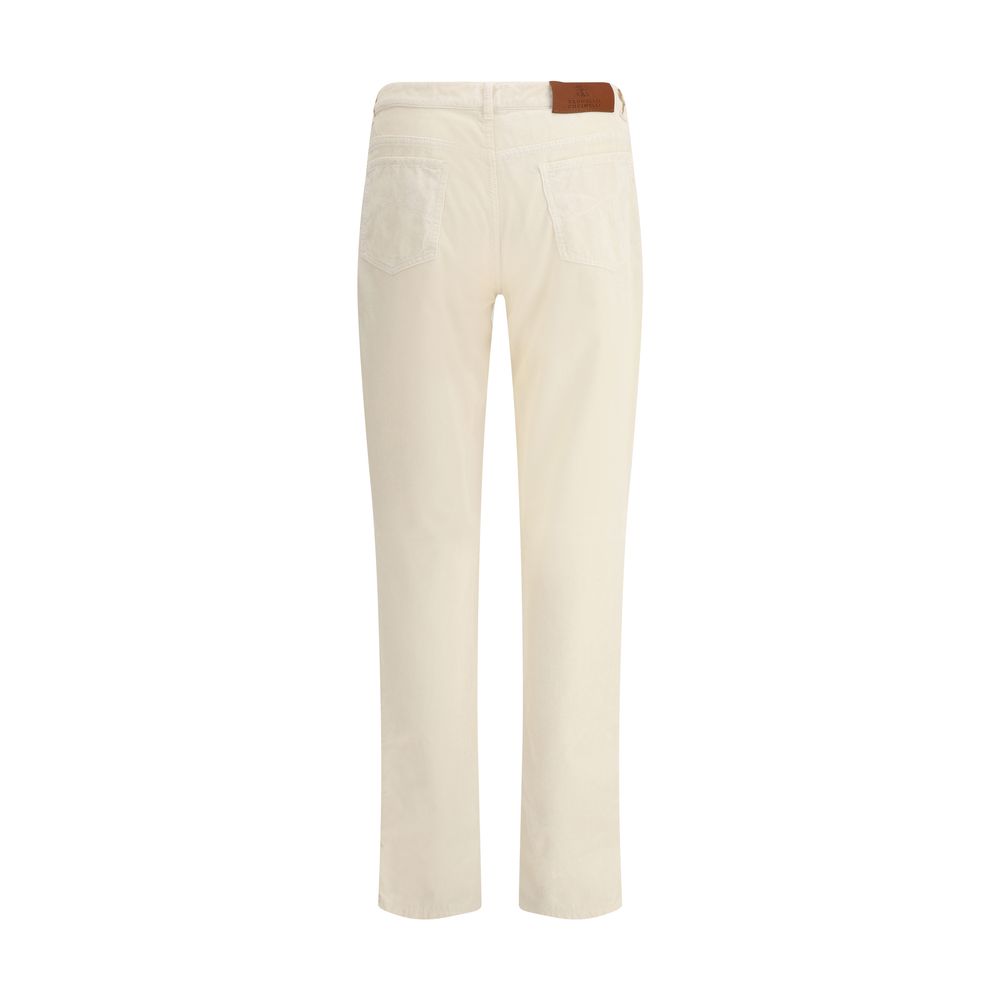 Brunello Cucinelli White Cotton Casual Pants with corduroy texture, five-pocket design, and logoed leather patch on back waistband.