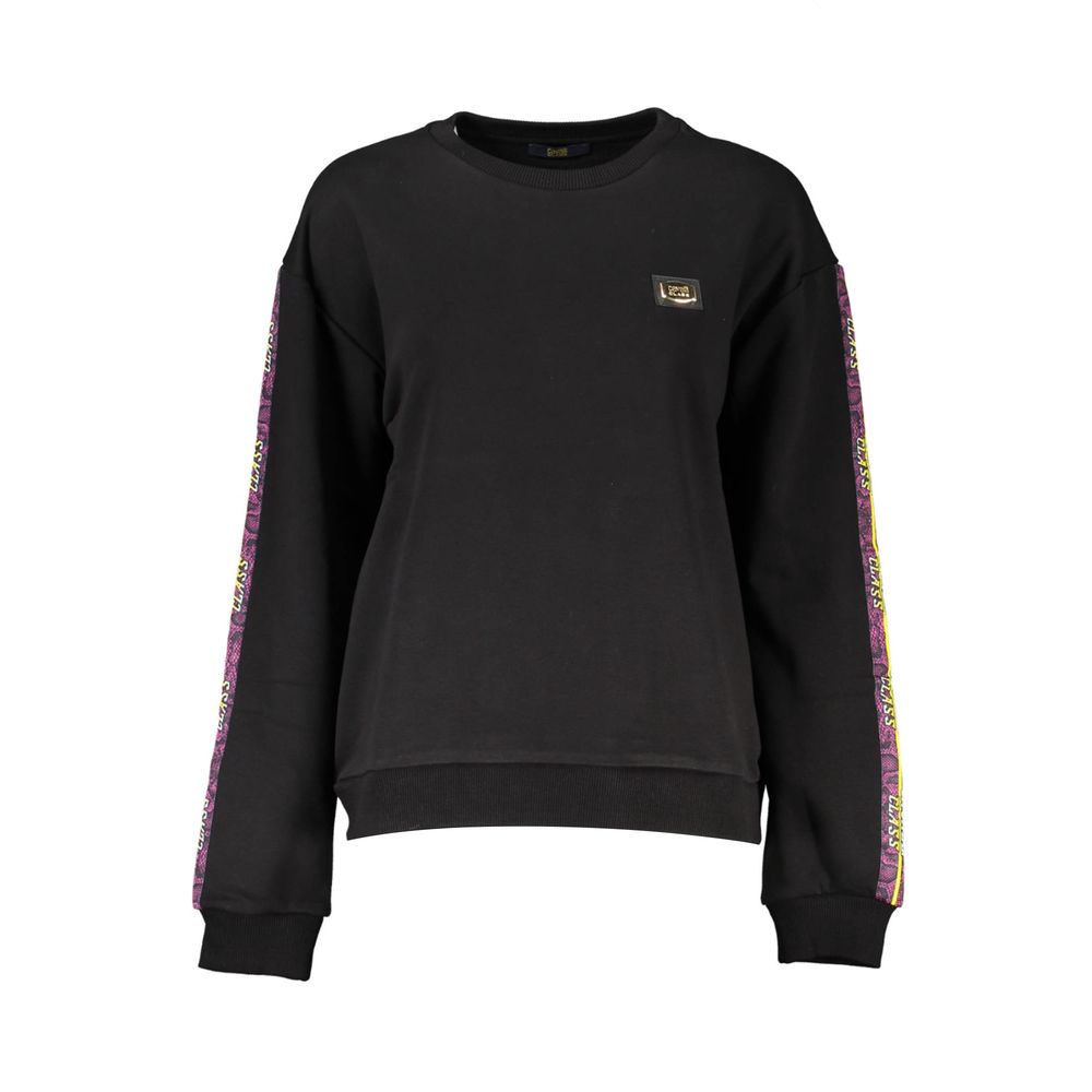 Cavalli Class Black Cotton Women Sweater with long sleeves and logo print, chic luxury fashion for trendsetters.