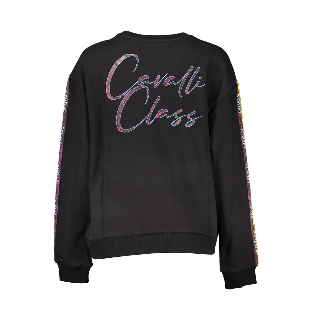 Cavalli Class Black Cotton Women Sweater with logo print and colorful sleeves, showcasing trendy appeal and luxury style.