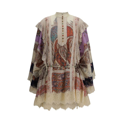 Zimmermann Multicolor Cotton Casual Dress with long wide sleeves, high neck, beaded belt, asymmetrical scalloped hem, and lace trim