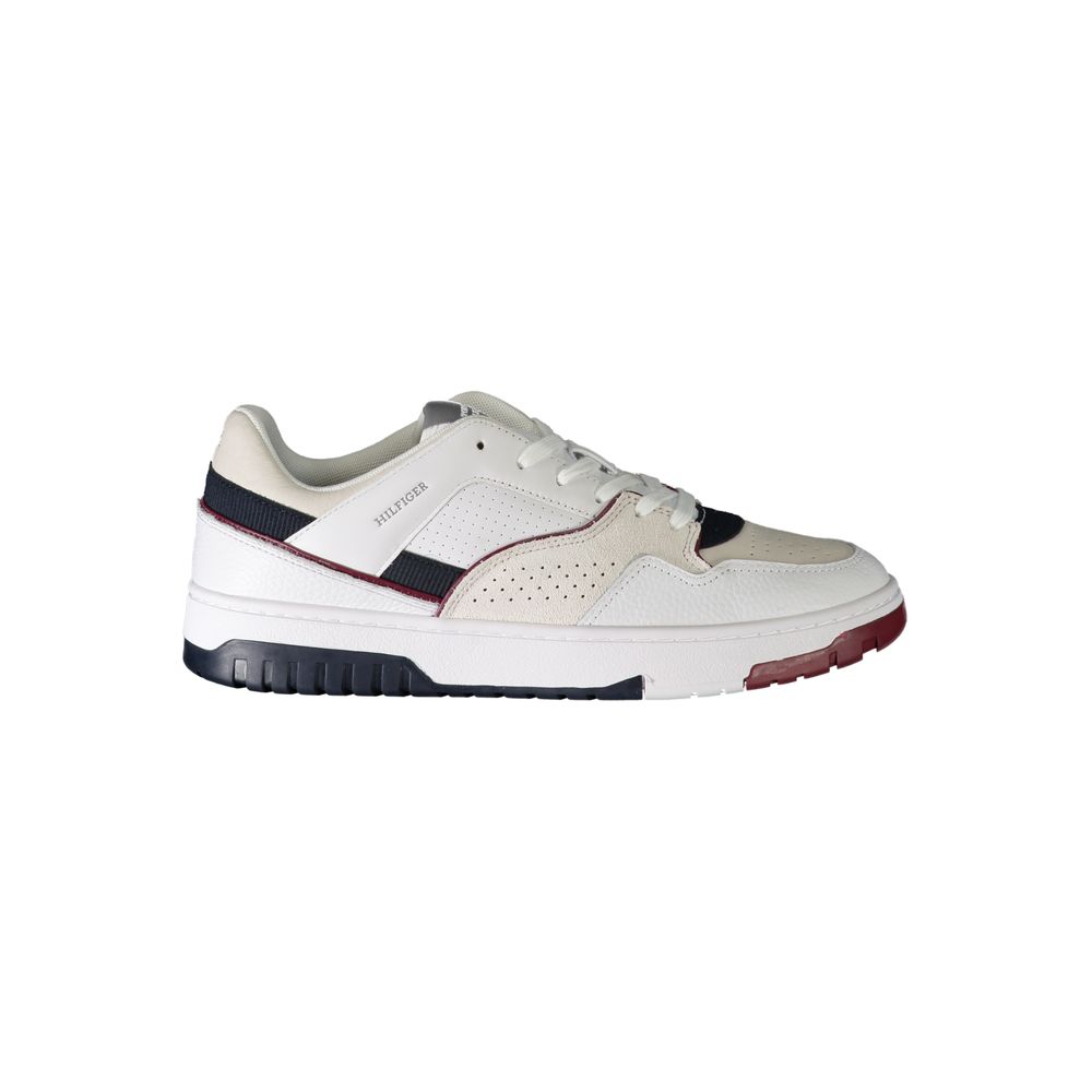 Side view of Tommy Hilfiger White Polyethylene Men Sneaker with contrasting details and iconic logo.
