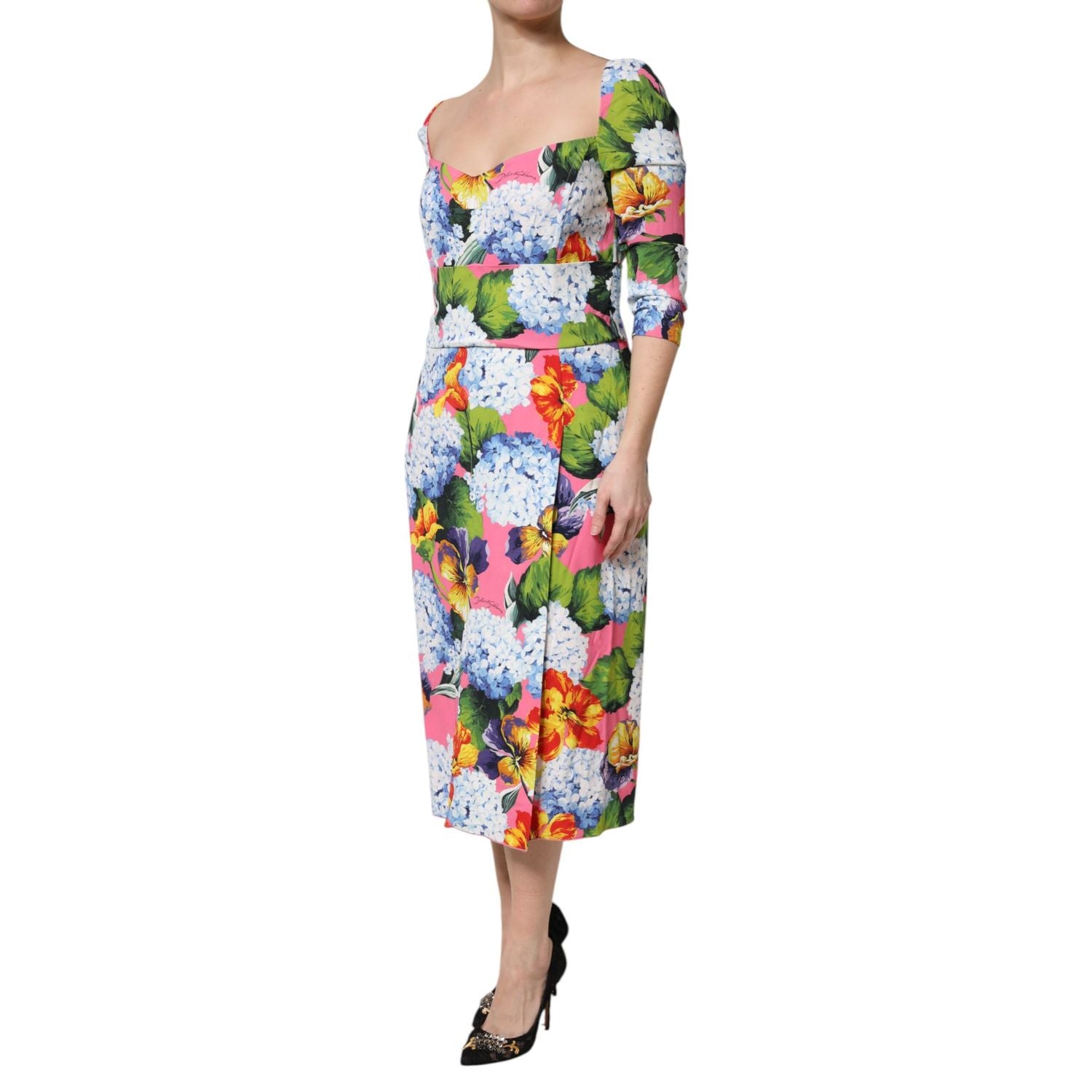 Dolce & Gabbana Multicolor Floral Pleated Sheath Midi  Dress