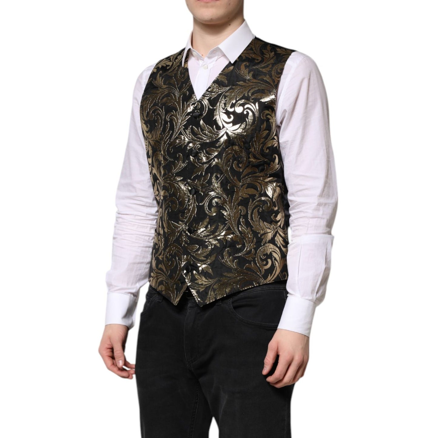 Dolce & Gabbana Black Gold Jacquard Formal Men Waistcoat Vest