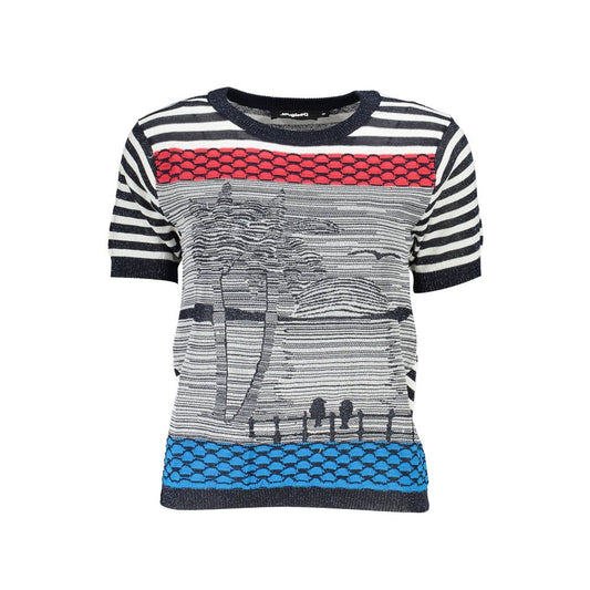 Desigual Blue Cotton Women Sweater with artistic stripe and contrasting color design, featuring short sleeves and vibrant details