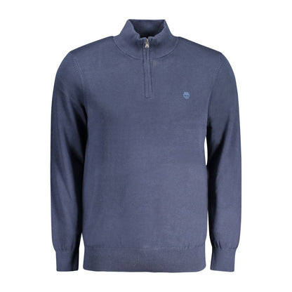 Timberland Blue Cotton Men Sweater with half-zip closure and logo embroidery, showcasing contemporary fashion and organic cotton material.