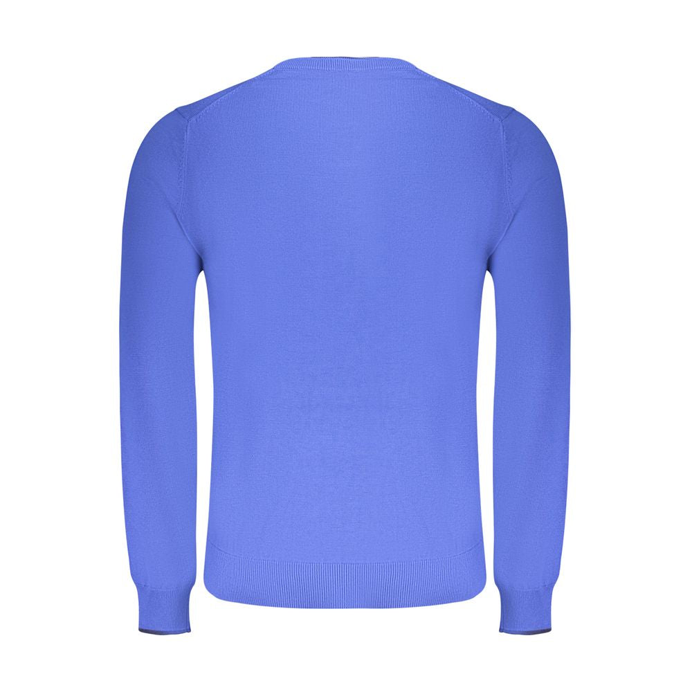Back view of North Sails Blue Cotton Men Sweater showcasing long sleeves and crew neck design.