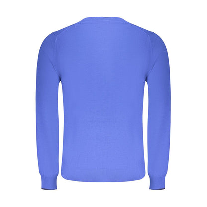 Back view of North Sails Blue Cotton Men Sweater showcasing long sleeves and crew neck design.
