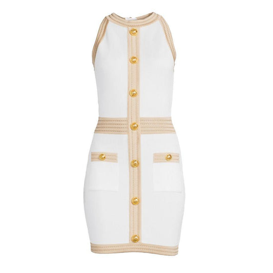 Balmain White Viscose Women Dress with Faux Gold Buttons
