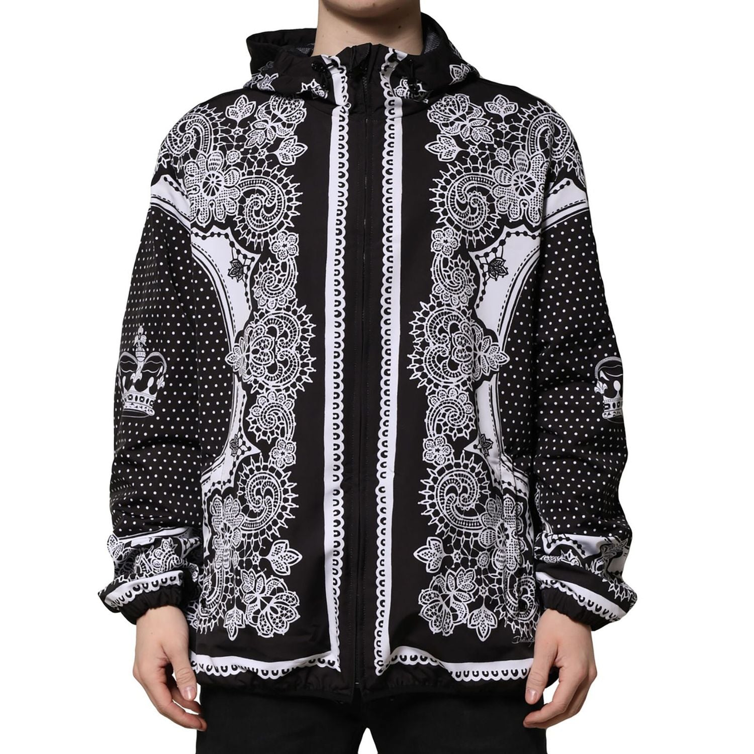 Dolce & Gabbana Black Bandana Print Hooded Bomber Jacket