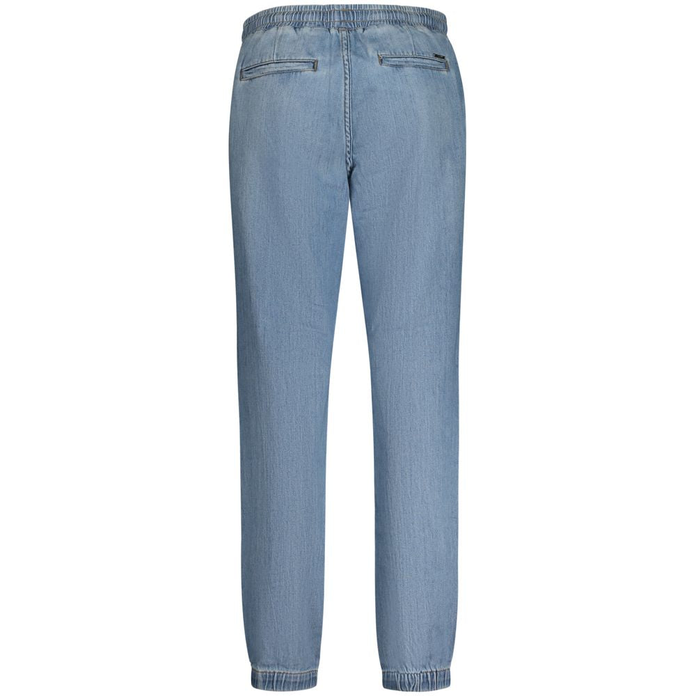 Back view of Guess Jeans Blue Cotton Women Jeans showcasing elastic waist and ankles for a chic and flattering fit.
