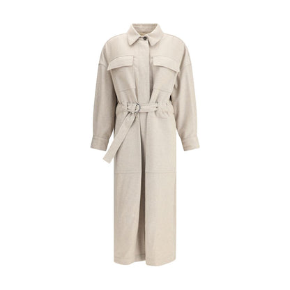Brunello Cucinelli Beige Wool Coat with adjustable waistband and flap pockets, showcasing timeless elegance and sophisticated style.