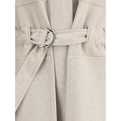 Close-up of Brunello Cucinelli Beige Wool Coat showcasing adjustable waistband and patch pockets.