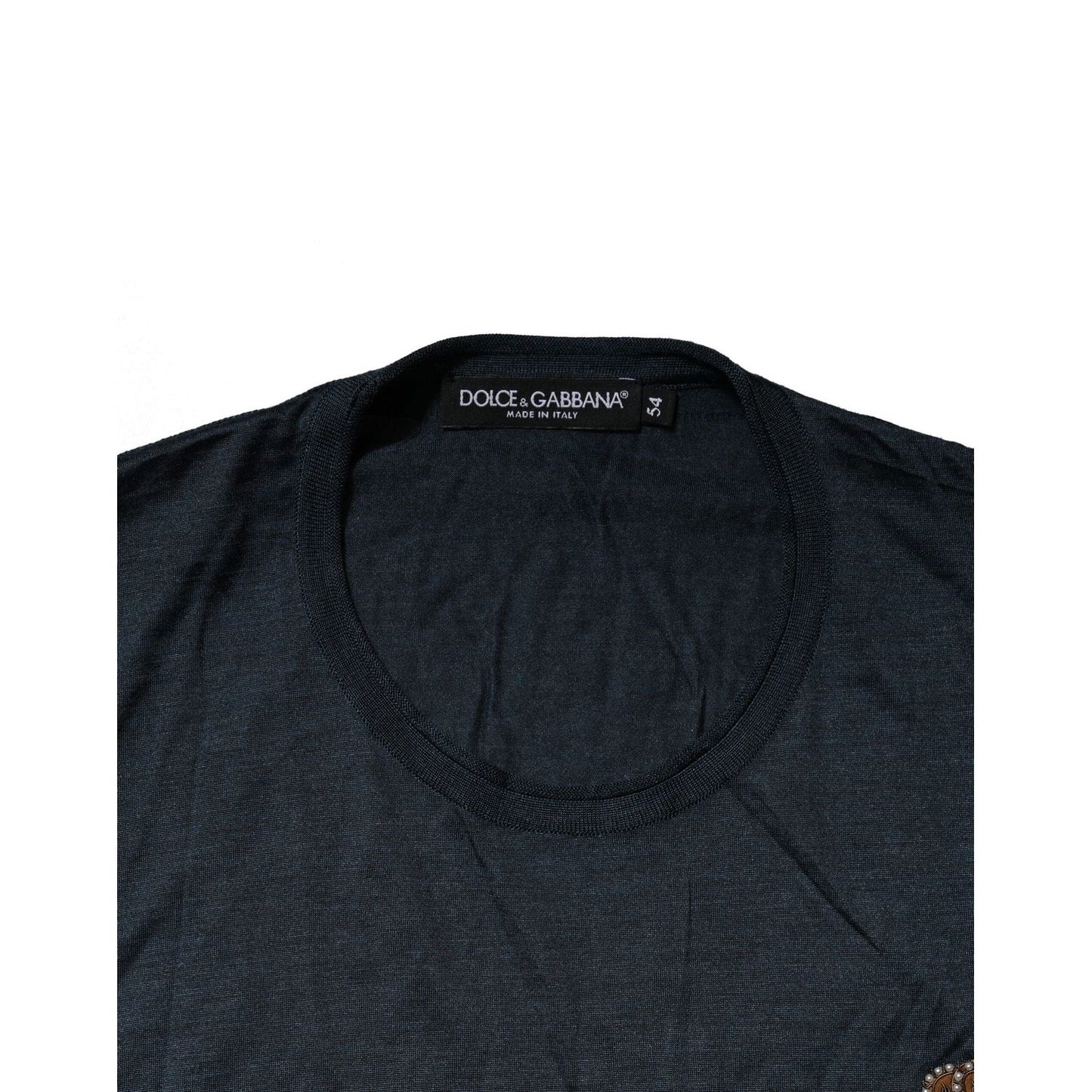 Dolce & Gabbana Dark Blue Silk Logo Patch Crew Neck T-shirt TSH90543-54