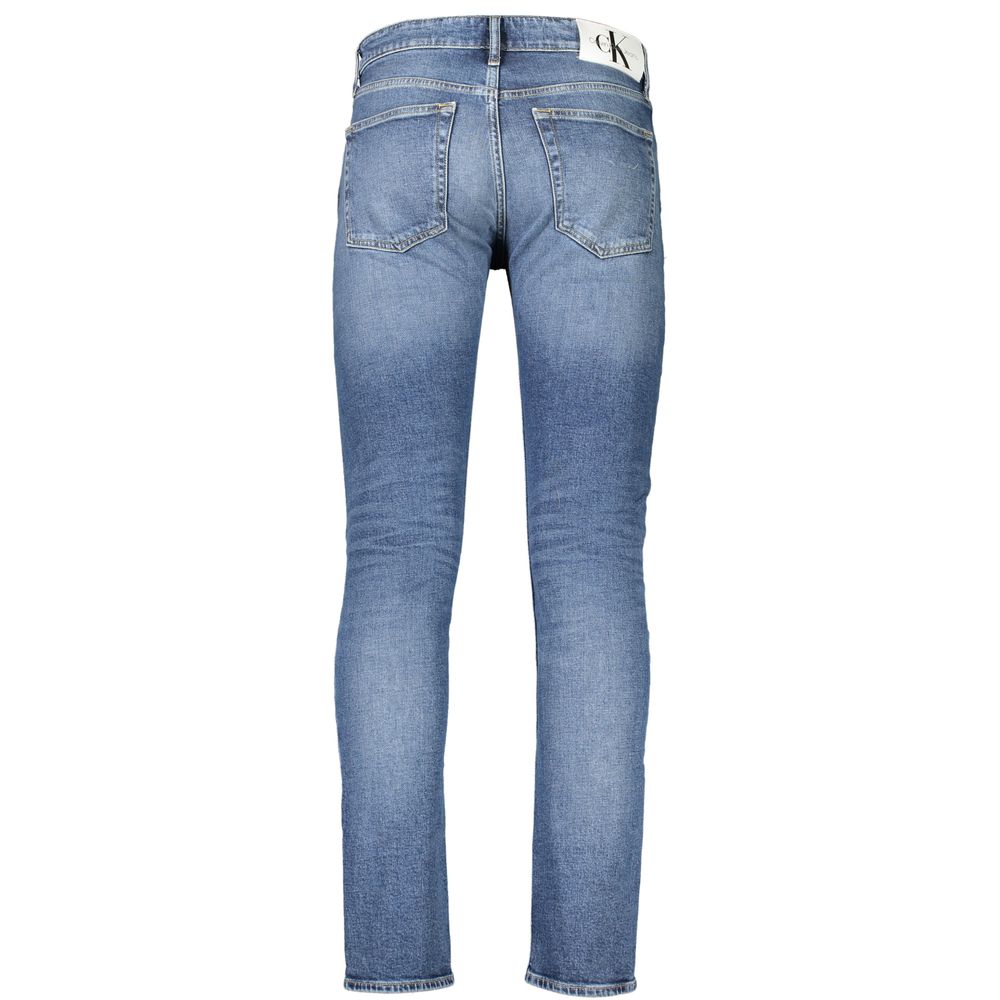 Back view of Calvin Klein Blue Cotton Men Jeans showcasing slim tapered style with sustainable fabric blend.