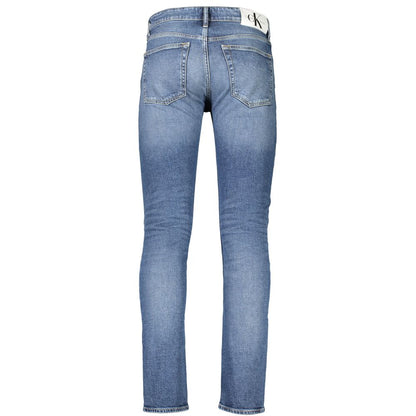 Back view of Calvin Klein Blue Cotton Men Jeans showcasing slim tapered style with sustainable fabric blend.