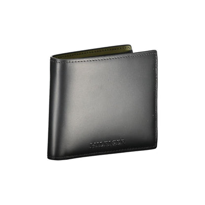 Tommy Hilfiger Black Leather Wallet with 2 compartments, coin purse, card spaces, contrasting details, and logo.