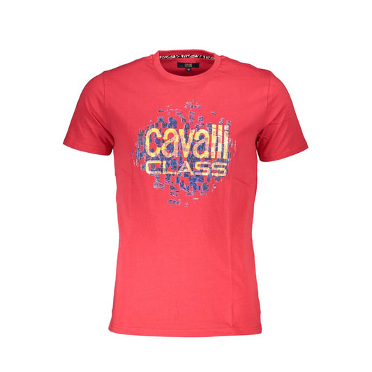 Cavalli Class Red Cotton Men T-Shirt with bold print and classic crew neck design, perfect for fashion-forward individuals.