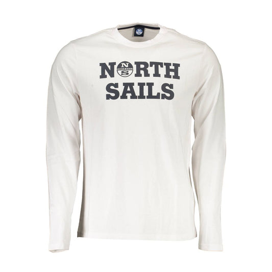 Front view of North Sails White Cotton Men T-Shirt featuring bold logo print on chest, long sleeves, premium cotton material.