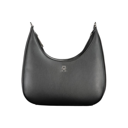 Tommy Hilfiger Black Polyester Handbag with adjustable shoulder strap, internal pocket, contrasting details, and zip closure.
