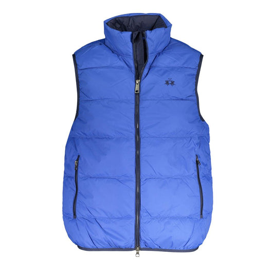 La Martina Blue Polyamide Men Jacket with logo, sleeveless, contrasting details, and multiple pockets for stylish functionality.