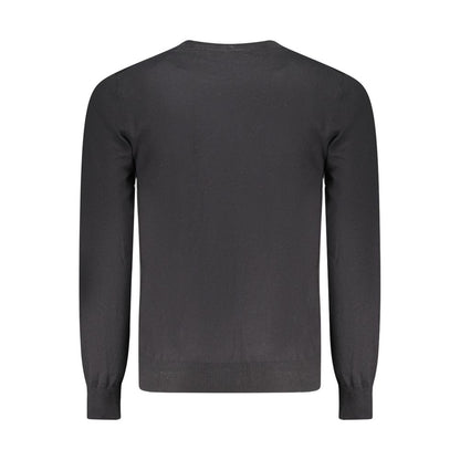 Back view of Guess Jeans Black Cotton Men Sweater showcasing long sleeves and crew neck design.