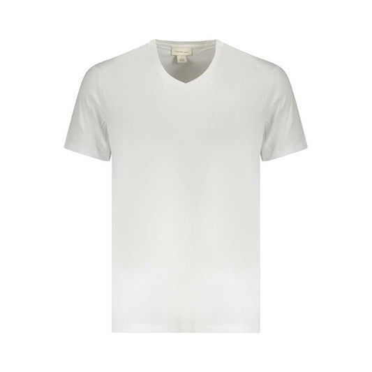 Calvin Klein White Cotton Men T-Shirt, pure breathable cotton with iconic logo, V-neck design, ideal for stylish everyday wear.