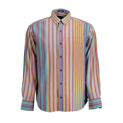 Gant Blue Cotton Men Shirt with colorful stripes, long-sleeved, button-down collar, and single chest pocket, showcasing tailored elegance.