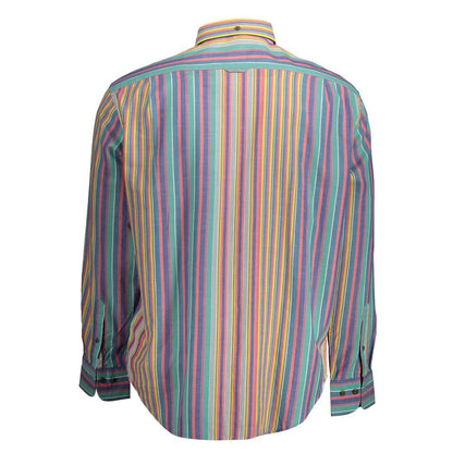 Colorful striped long-sleeved shirt with buttoned cuffs and collar, viewed from the back, showcasing a vibrant and modern design.