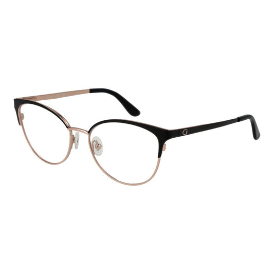 Guess Gold Women Glasses Frame, full-rim browline style in gold with demo plastic lenses, metal frame, and branded case included.