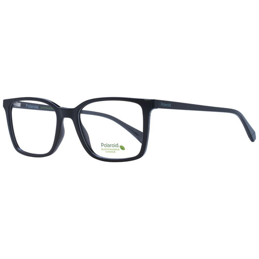 Polaroid Black Men Glasses Frame, full-rim rectangle style, black polyamide, size 53-18-145, with demo plastic lenses.