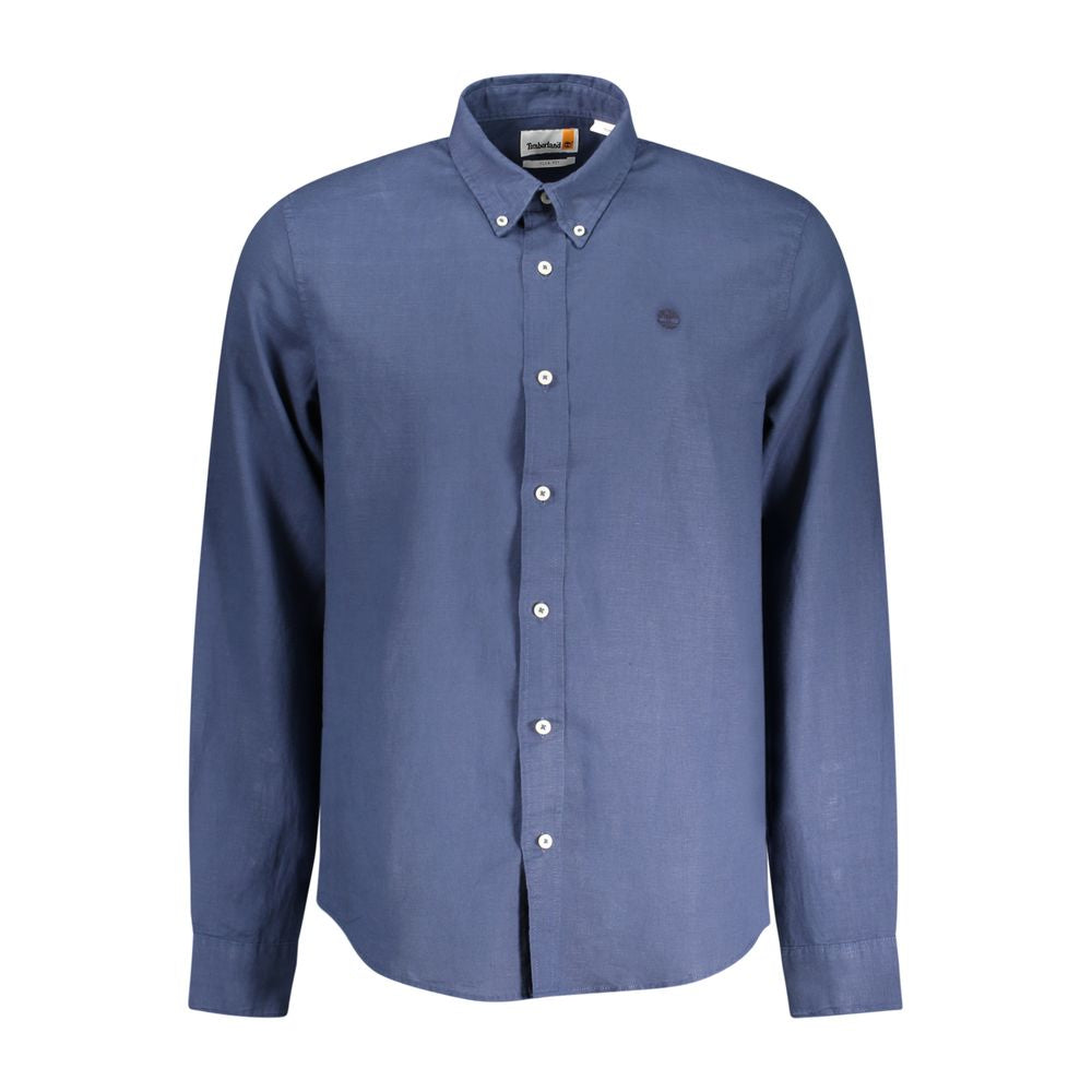 Timberland Blue Cotton Shirt, long-sleeved, slim fit, button-down collar, featuring embroidery and logo detailing.