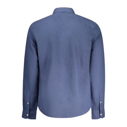Back view of Timberland Blue Cotton Shirt featuring long sleeves, slim fit, button-down collar, and 1-button cuffs.
