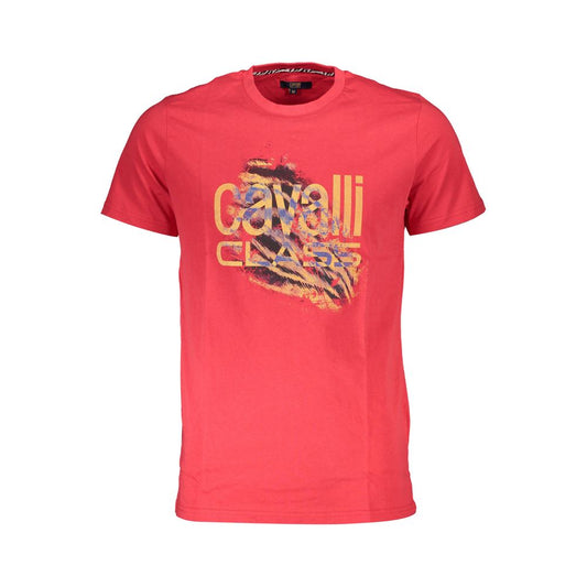 Cavalli Class Red Cotton Men T-Shirt with vibrant print and logo, premium short-sleeve style for comfort and trendsetting fashion.