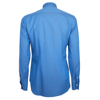 Made in Italy Blue Cotton Men's Shirt showing the back view. Long sleeve design with classic button closure. Luxurious and breathable fabric.