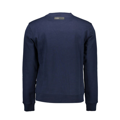 Back view of Plein Sport Blue Cotton Men Sweater showcasing crew neck and long sleeves.