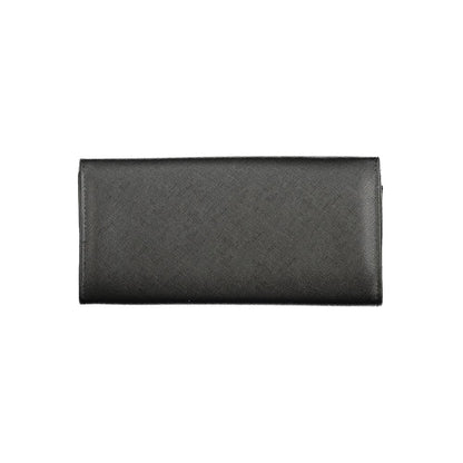 Mario Valentino Black Polyethylene Wallet featuring three compartments, coin purse, card slots, zip, and automatic closure with logo.