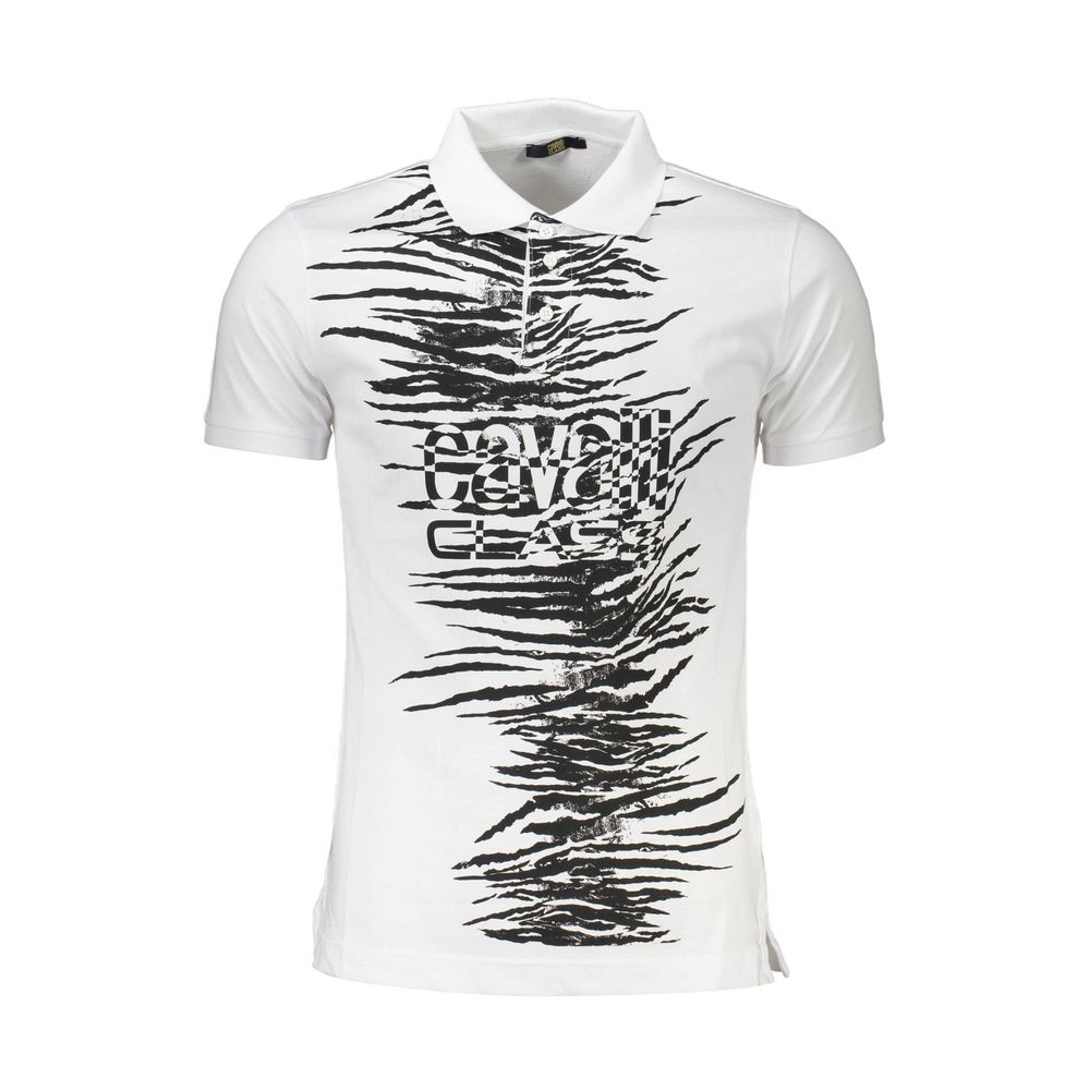 Cavalli Class White Cotton Men Polo Shirt with striking print and iconic logo, regular fit, short sleeve, modern trendsetter fashion.